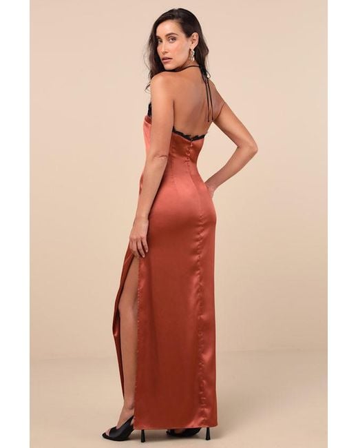 Lulus Orange Mairwen Rust And Satin Lace Halter Maxi Dress