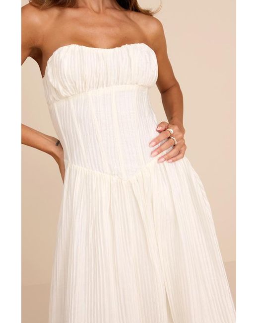 Lulus Natural Aspen Plisse Strapless Bustier Midi Dress
