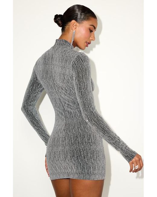 Lulus Gray Lorenza Lurex Mock Neck Mini Dress