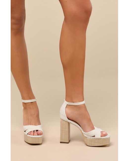 Lulus Natural Capitolla Tweed Platform Ankle Strap Sandals