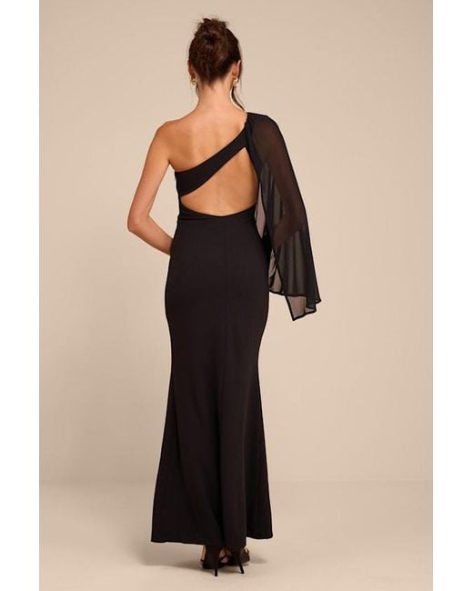 Lulus Black Majestic Attitude Cape Sleeve One-Shoulder Maxi Dress