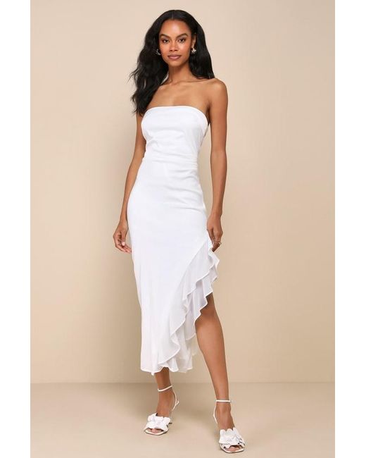 Lulus Natural Graceful Perfection Satin Ruffled Strapless Midi Dress