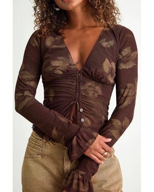 Lulus Brown Glynn Floral Mesh Long Sleeve Top