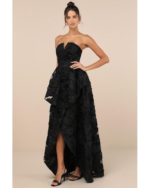 Lulus Black Majestic Glam Strapless Textured High-Low Maxi Dress