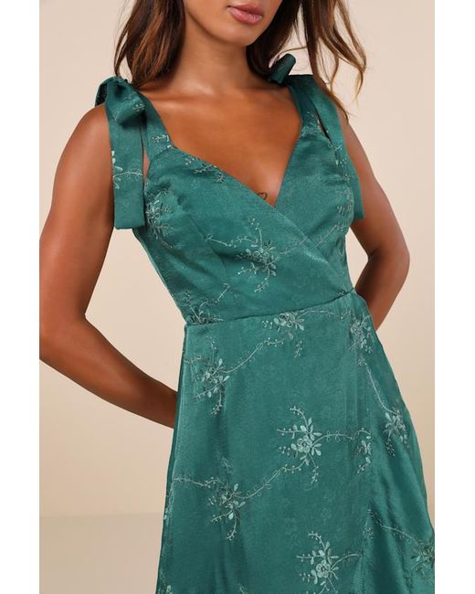 Lulus Green Elegant Direction Embroidered Ruffled Tie-Strap Midi Dress