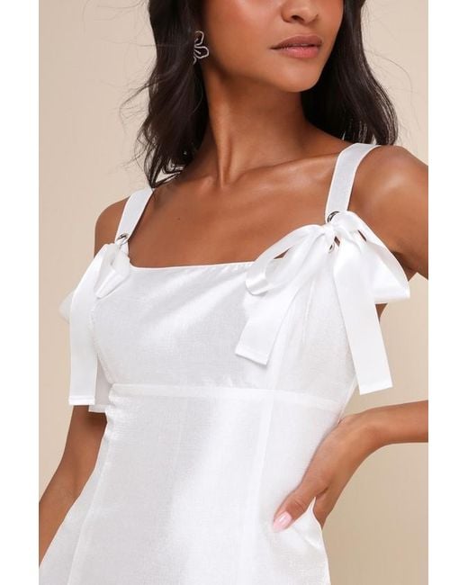 Lulus White Exceptionally Precious Shiny Ribbon Bow Mini Dress
