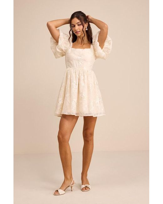 Lulus Natural Cathaysa Cream Embroidered Puff Sleeve Bow Mini Dress