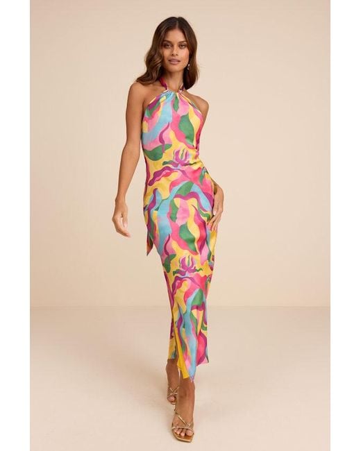 Lulus Red Glowing Presence Multi Abstract Satin Halter Maxi Dress