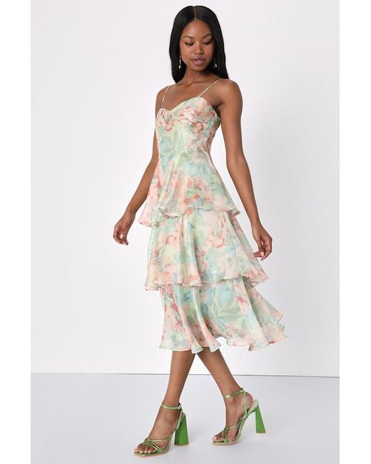 Lulus Natural Darling Aesthetic Floral Print Tiered Midi Dress