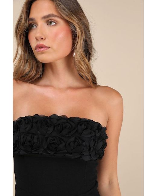 Lulus Black Fiore 3D Rosette Strapless Maxi Dress