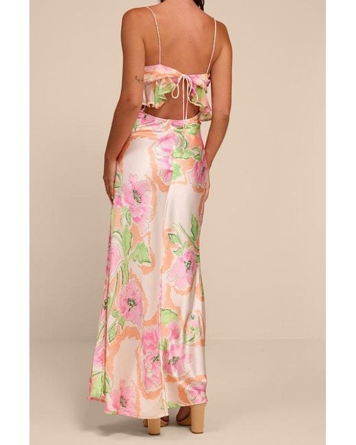 Lulus Pink Cattina Blush Multi Floral Satin Tie-Back Maxi Dress
