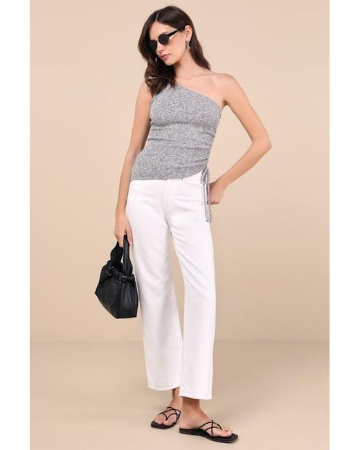 Lulus Gray Cassara Marled Ribbed One-Shoulder Drawstring Tank Top
