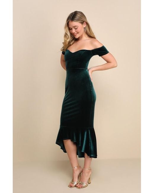 Lulus Multicolor How Much I Care Emerald Velvet Off-The-Shoulder Midi Dress