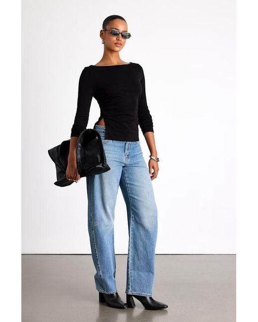 Lulus Blue Mehra Boat Neck Side Slit Long Sleeve Top