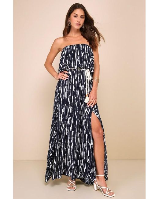 Lulus Blue Refreshing Moments Abstract Print Strapless Maxi Dress