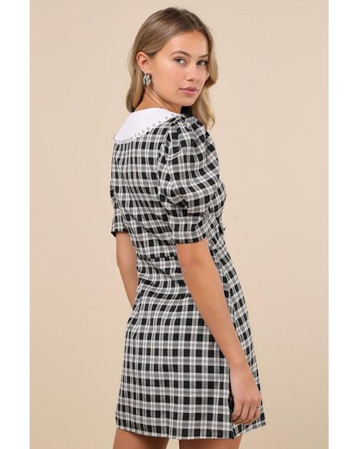 Sister Jane Black Quill Check Plaid Puff Sleeve Rhinestone Mini Dress