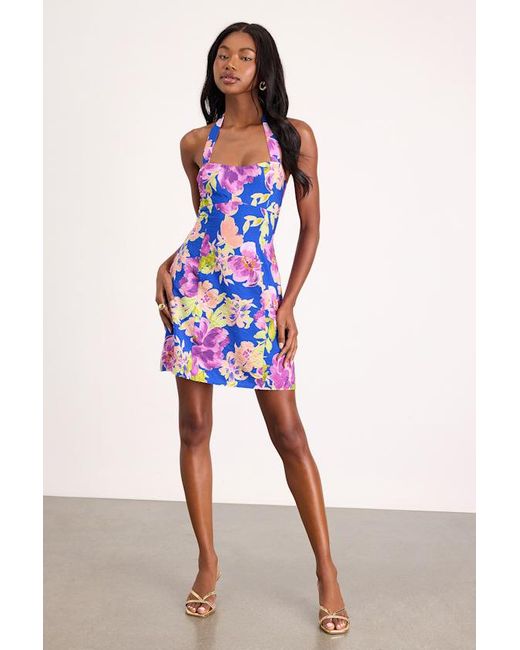 Lulus Blue Dory Multi Floral Halter Mini Dress