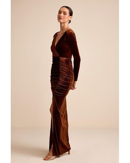 Lulus Natural Yasna Velvet Ruched Surplice Long Sleeve Maxi Dress