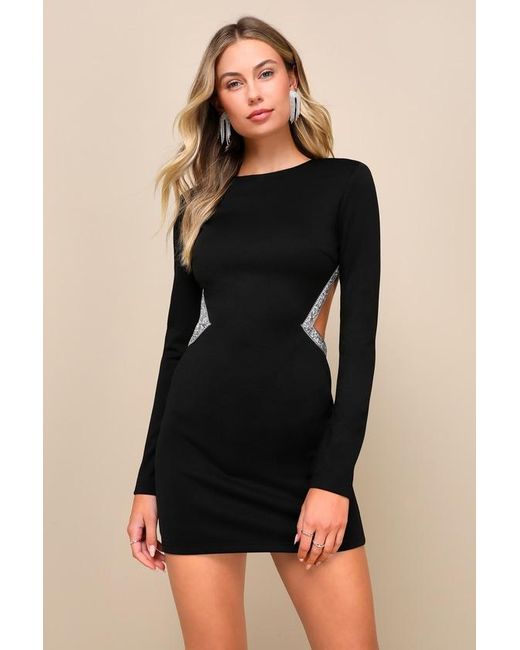 Lulus Black Sparkling Stunner Rhinestone Cutout Long Sleeve Mini Dress