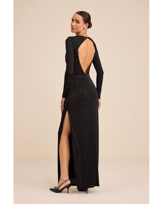 Lulus Black Rhodria Rhinestone Cowl Long Sleeve Maxi Dress