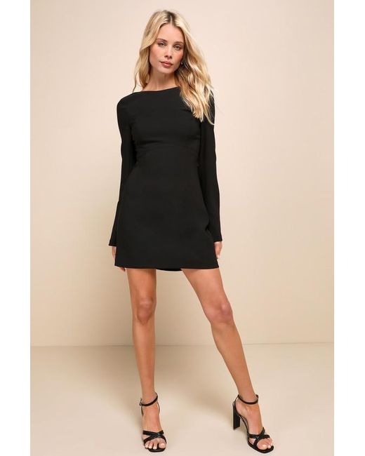 Lulus Black Elegant Cutie Bow Long Sleeve Backless Mini Dress