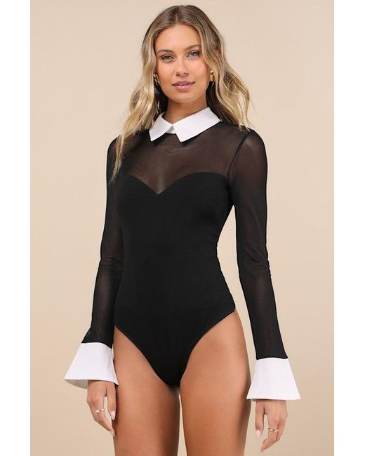 Lulus Black Confident Essence Mesh Long Sleeve Bodysuit