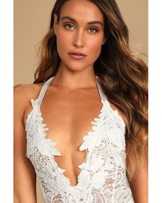 Lulus Brown Essence Of Romance Lace Halter Bodysuit