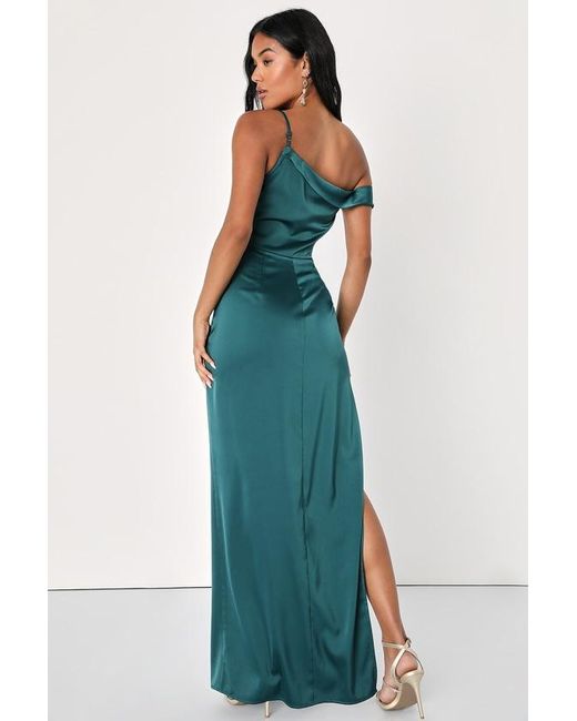 Lulus Green Lush Love Emerald Satin Asymmetrical Off-The-Shoulder Dress