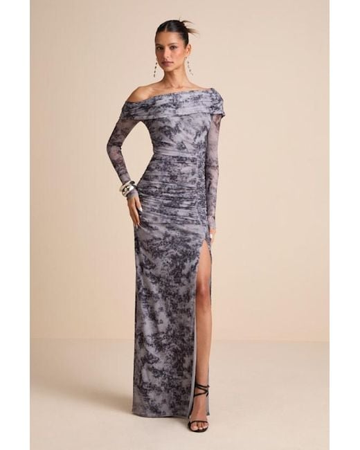 Lulus Women's Brown Darla Tie-Dye Mesh One-Shoulder Long Sleeve Maxi Dress