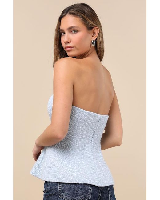 Lulus Blue Sweetened Attitude Tweed Strapless Peplum Top