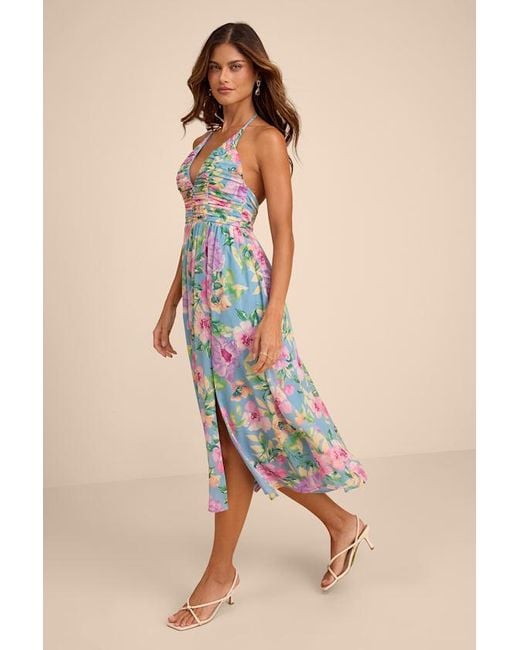 Lulus Blue Danelle Floral Halter A-Line Midi Dress