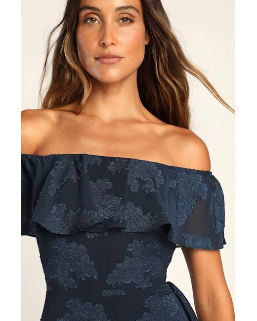 Lulus Blue Pretty Perfect Floral Burnout Off-The-Shoulder Midi Dress
