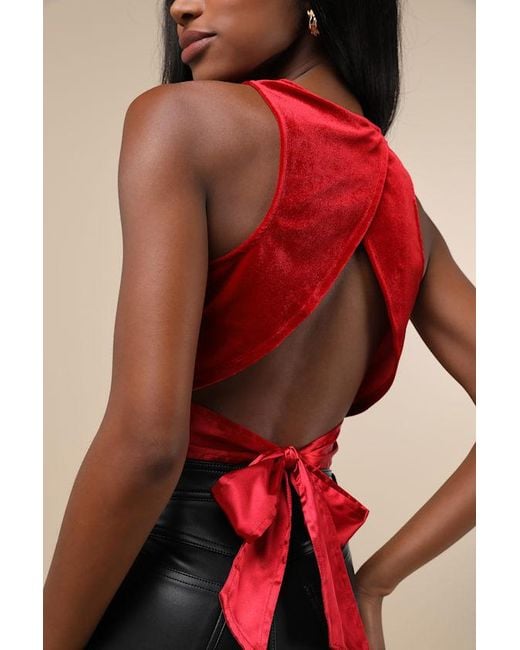 Lulus Red Let's Tie It Velvet Tie-Back Cropped Tank Top