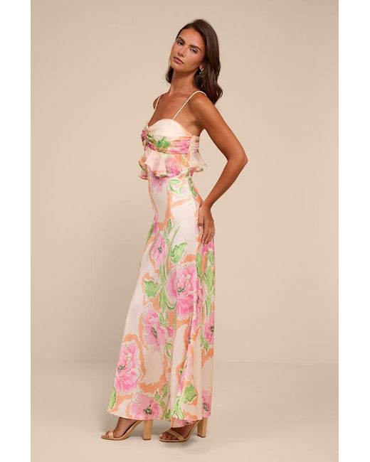 Lulus Pink Cattina Blush Multi Floral Satin Tie-Back Maxi Dress