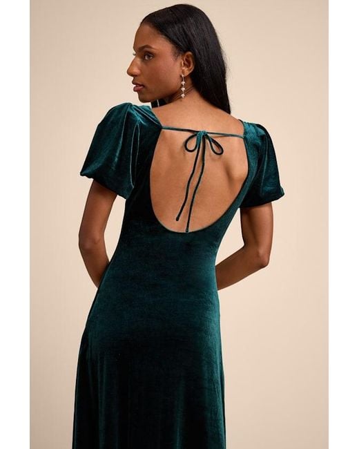 Lulus Black Obrissa Emerald Velvet Puff Sleeve Tie-Back Midi Dress