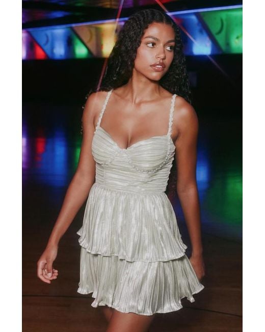 Lulus Natural Glorious Shine Metallic Pearl Tiered Mini Dress