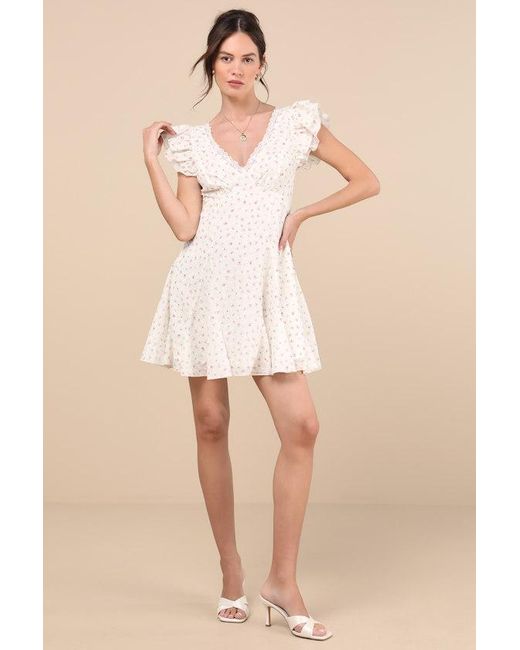 Lulus Natural Eben Ditsy Floral Flutter Sleeve Mini Dress
