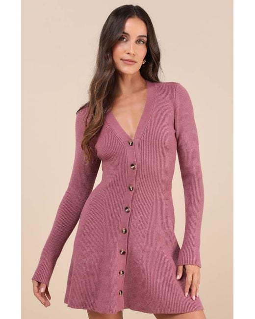 Lulus Pink Adorably Flirty Button-Front Sweater Mini Dress
