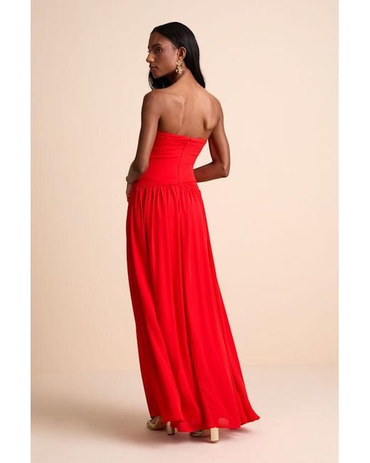 Lulus Red Rozala Bright Pleated Strapless Maxi Dress