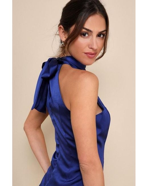 Lulus Blue Infinite Admiration Satin Halter Mini Dress