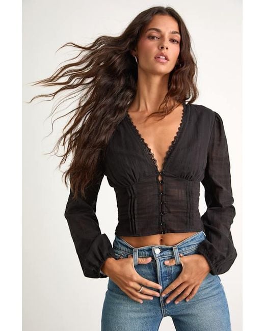 Lulus Black Keyra Button-Front Balloon Sleeve Crop Top