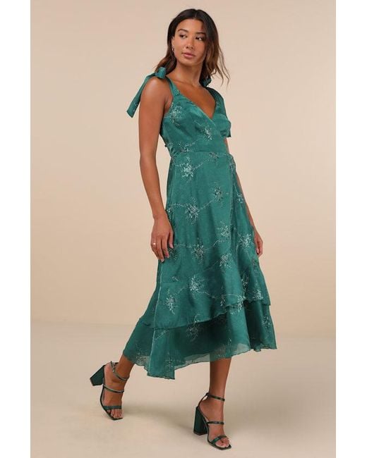 Lulus Green Elegant Direction Embroidered Ruffled Tie-Strap Midi Dress
