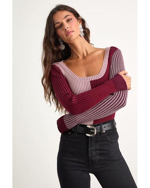 Lulus Red Mod Cutie Color Block Ribbed Long Sleeve Bodysuit