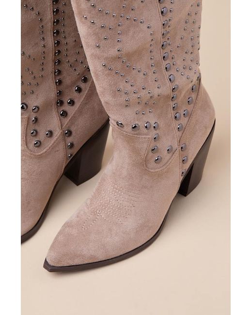 Lulus Gray Mallerie Suede Studded Knee-High Western Boots