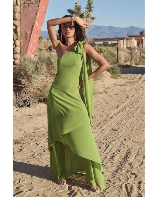 Lulus Green Camellia Bright One-Shoulder Bow Maxi Dress
