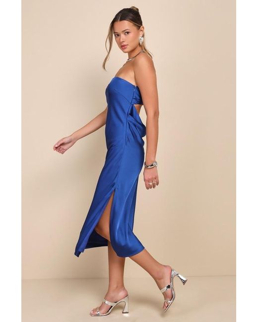 Lulus Blue Effortless Bliss Satin Strapless Cowl Back Midi Dress