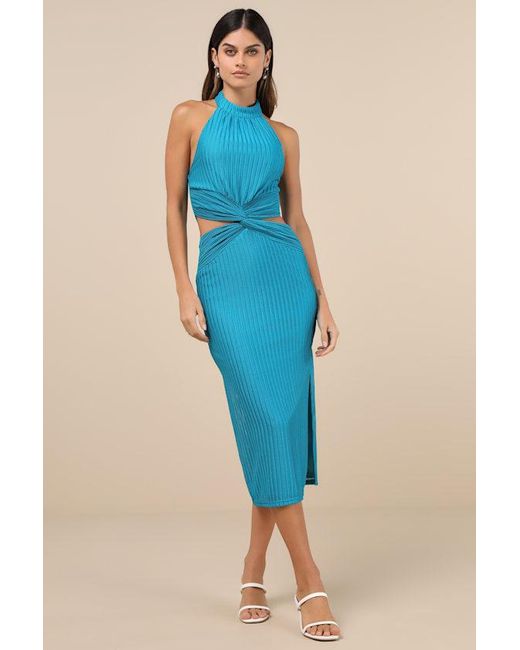 Lulus Blue Poised Attitude Halter Cutout Twist-Front Midi Dress