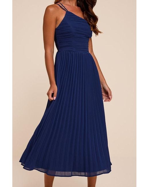 Lulus Blue Wondrous Muse Pleated One-Shoulder Midi Dress