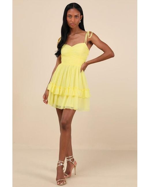 Lulus Yellow Angelic Approach Chiffon Ruffled Tie-Strap Mini Dress