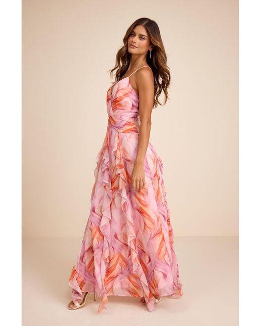 Lulus Pink Astraea And Abstract Surplice Ruffled Maxi Dress